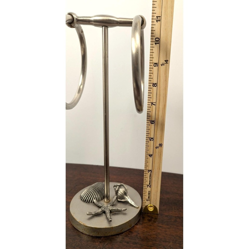 Vintage Coastal Nautical Double Towel Ring Holder Stand Brushed Nickel‎ Seashell - Picture 3 of 8
